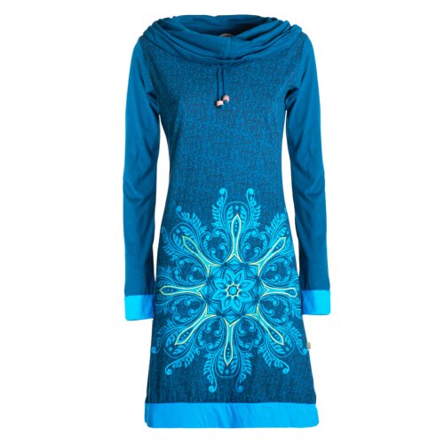 Vishes - Damen Schal-Kragen Mandala-Kleid Langarm-Shirtkleid Baumwollkleid türkis 42
