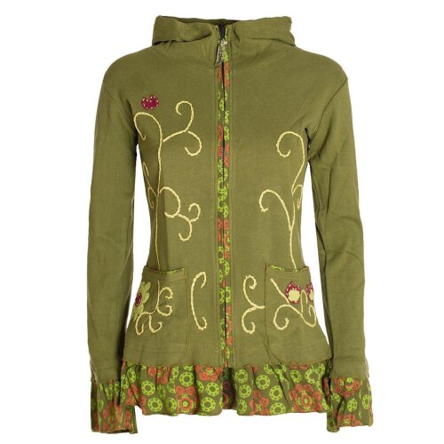Vishes - Damen Sommerjacke Blumen-Strickjacke Elfenjacke Kapuzi Rüschen olive 44
