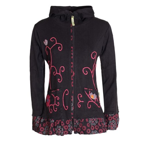Vishes - Damen Sommerjacke Blumen-Strickjacke Elfenjacke Kapuzi Rüschen schwarz-rot 44
