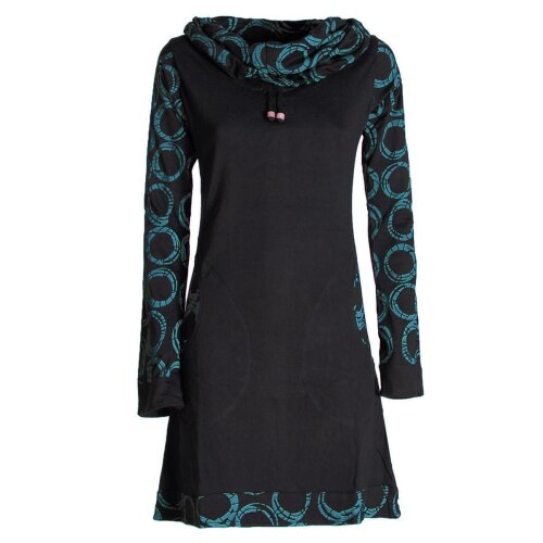 Vishes - Damen Lang-arm Kleid Schal-Kleid Winterkleider Baumwollkleid schwarz-türkis 34