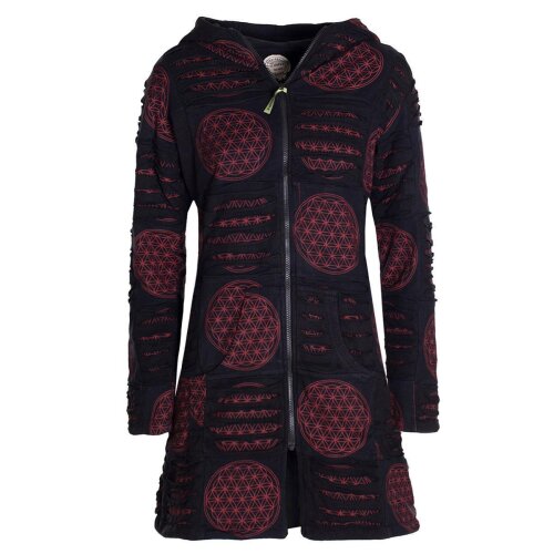 Vishes - Damen lange warme Jacke Hippiemantel Zipfel Kapuzenmantel schwarz-dunkelrot 46