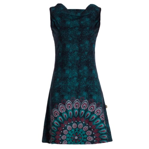 Vishes - Damen Sommerkleid Armlos Mandala-Kleid Tunika-Kleid T-Shirtkleid schwarz-türkis 48