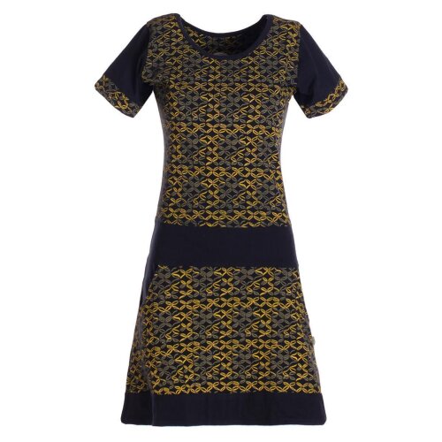 Vishes - Damen Longshirt-Kleid kurzarm Mini-Kleid Tunika-Kleid T-Shirtkleid Schwarz-Gelbgrün 40