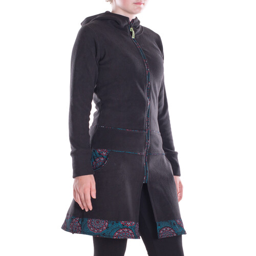 Vishes - Damen lange Fleecejacke Hippiemantel Übergangsjacke Kapuze schwarz 36