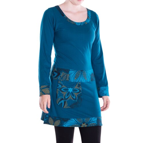 vishes Langarm Kleid mit Tasche Blumen Hippie Kleid türkis 42