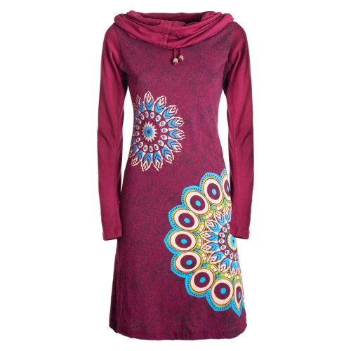 Vishes - Damen Mandala-Kleid Langarm-Shirtkleid Schal-Kragen Baumwollkleid dunkelrot 34-36