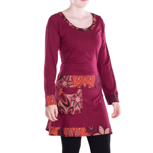 vishes Langarm Kleid mit Tasche Blumen Hippie Kleid dunkelrot 46