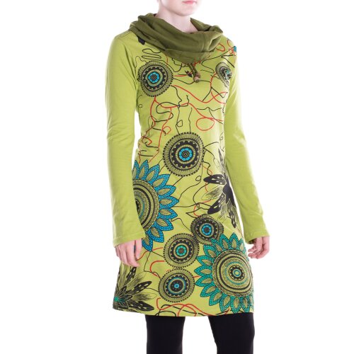 Vishes - Damen Mandala-Kleid Schal-Kragen Langarm-Shirtkleid Baumwollkleid