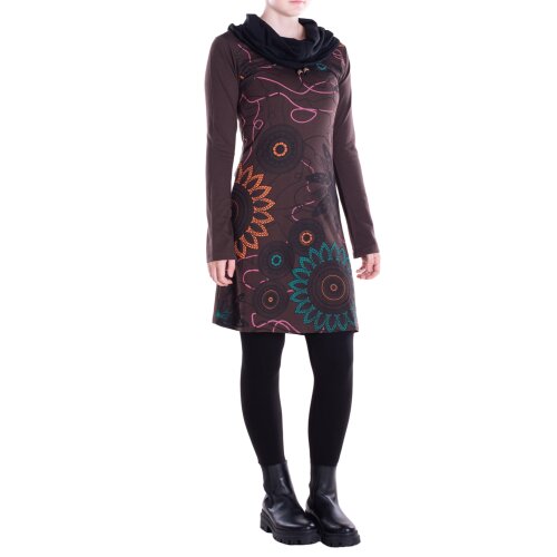 Vishes - Damen Mandala-Kleid Schal-Kragen Langarm-Shirtkleid Baumwollkleid braun 36