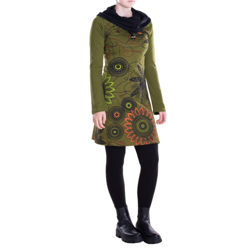 Vishes - Damen Mandala-Kleid Schal-Kragen Langarm-Shirtkleid Baumwollkleid olive 46