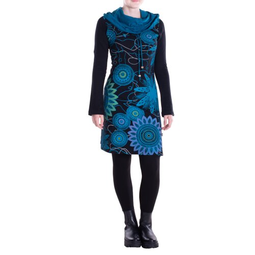 Vishes - Damen Mandala-Kleid Schal-Kragen Langarm-Shirtkleid Baumwollkleid schwarz 34-36