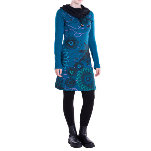 Vishes - Damen Mandala-Kleid Schal-Kragen Langarm-Shirtkleid Baumwollkleid türkis 38