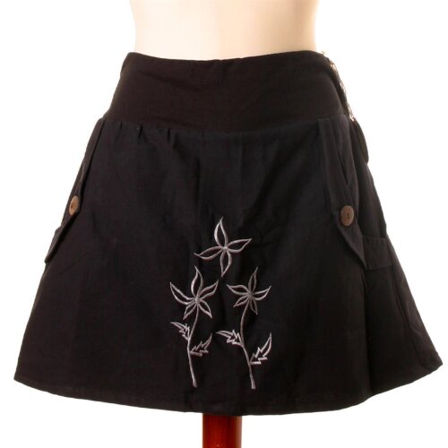 Vishes - Baumwollrock mit Blumen Stickerei Taschen Schwarz 44-46