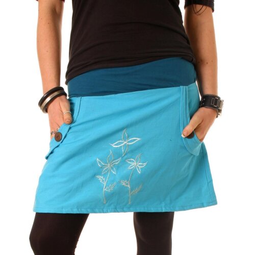 Vishes - Baumwollrock mit Blumen Stickerei Taschen Türkis-Hellblau 36-38