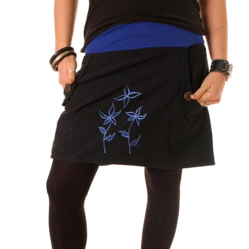 Vishes - Baumwollrock mit Blumen Stickerei Taschen Blau-Schwarz 38-40